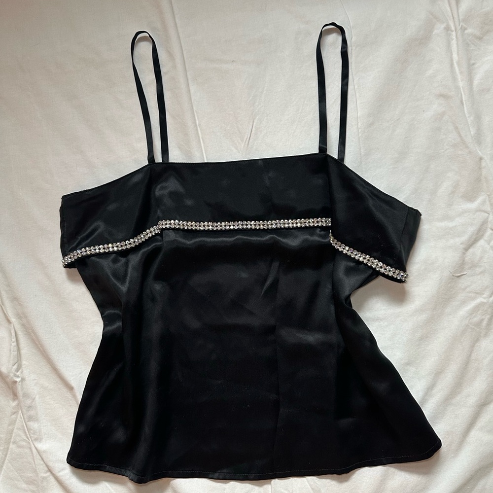 Caradeuc Paris 100% Silk Black Women's Top with Rhinestone Detail size 40